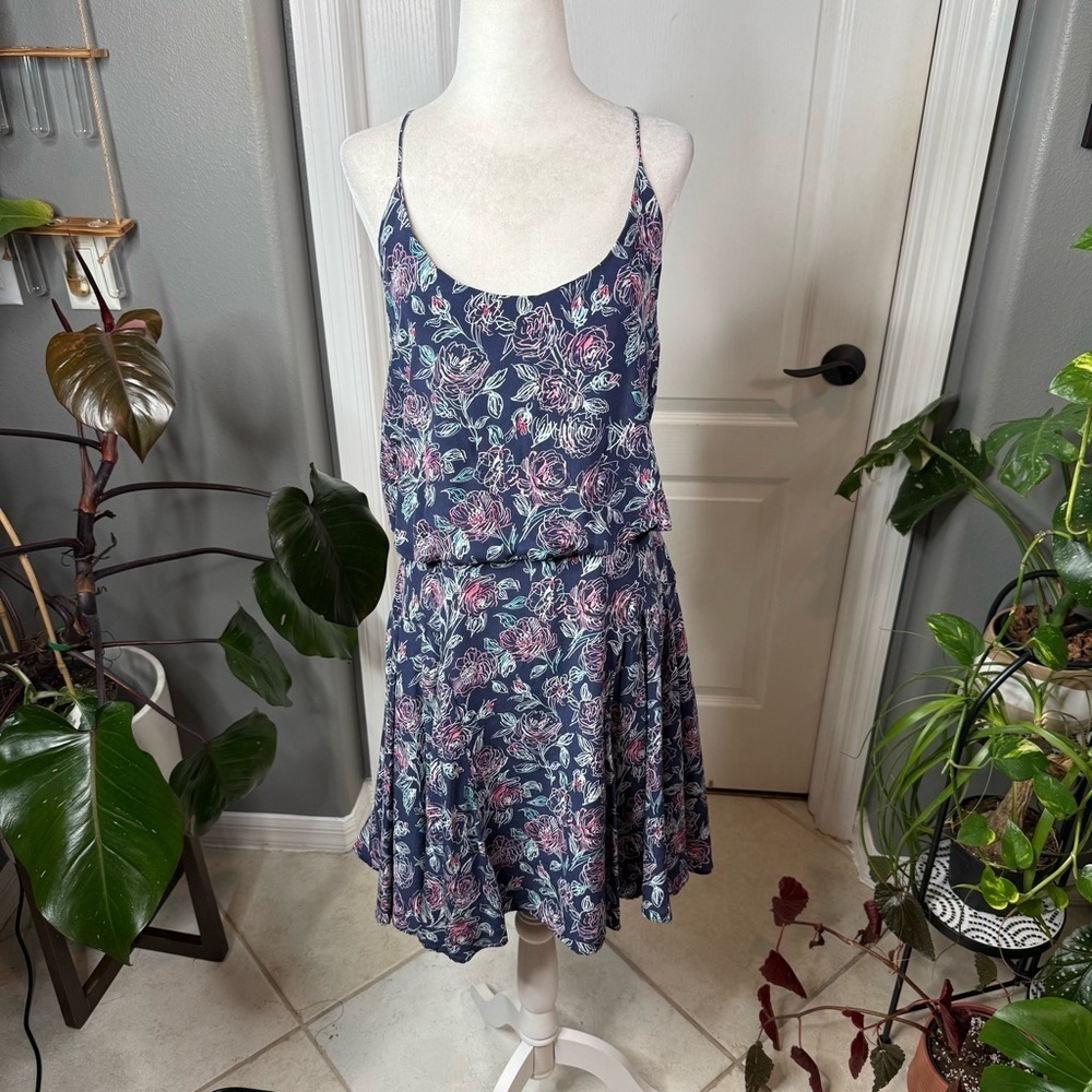Joie Navy Floral Silk Dress Open Back Spaghetti Strap | Size L